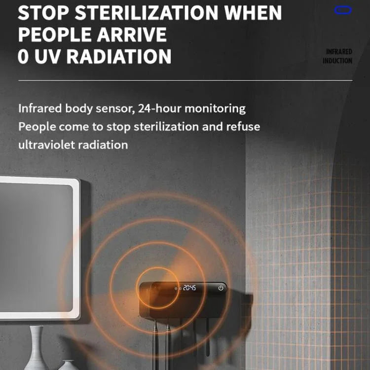 智能紫外線牙刷消毒烘乾機，具人體感應、時間顯示、USB-C 快速充電，免鑽孔壁掛架