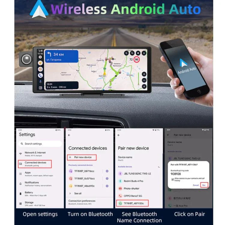 語音控制 CarPlay 分割螢幕雙鏡頭行車記錄器，前鏡頭+內部視角，附後視鏡頭