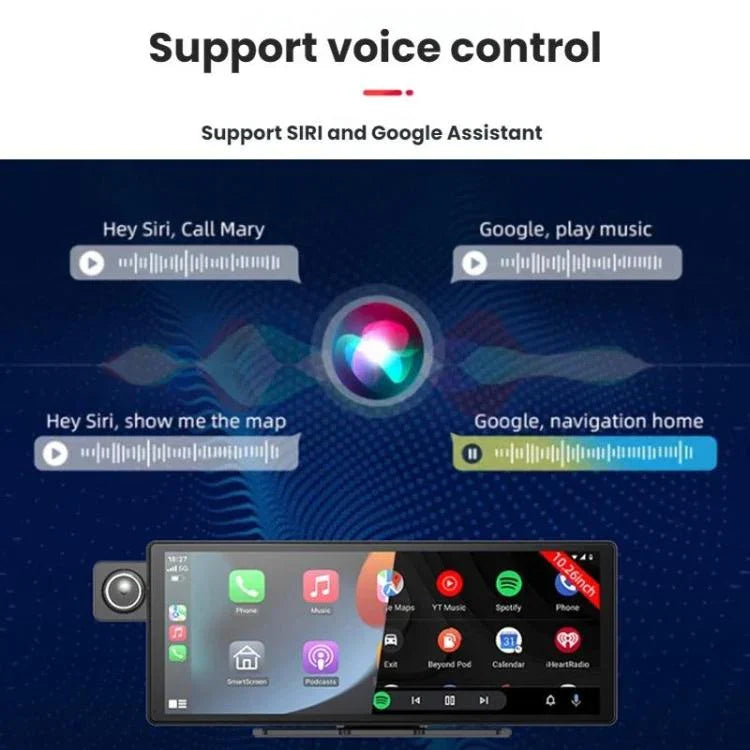 語音控制 CarPlay 分割螢幕雙鏡頭行車記錄器，前鏡頭+內部視角，附後視鏡頭