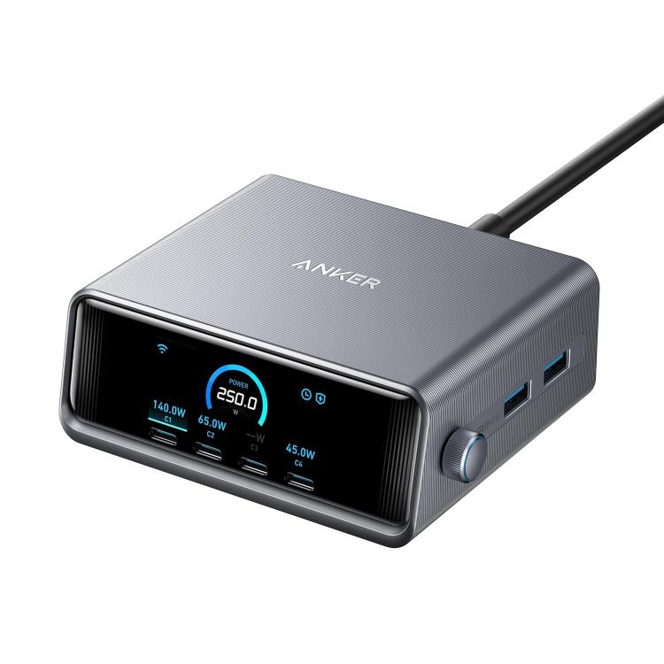 ANKER Prime 氮化鎵 250W 快速充電器 4 Type-C+2 USB 6埠桌面智慧顯示充電站，美規插頭，A2345