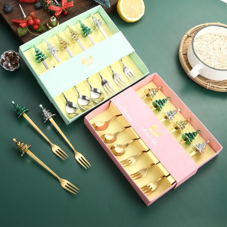 6件套聖誕樹餐具組 不鏽鋼咖啡匙 甜點叉 附禮盒