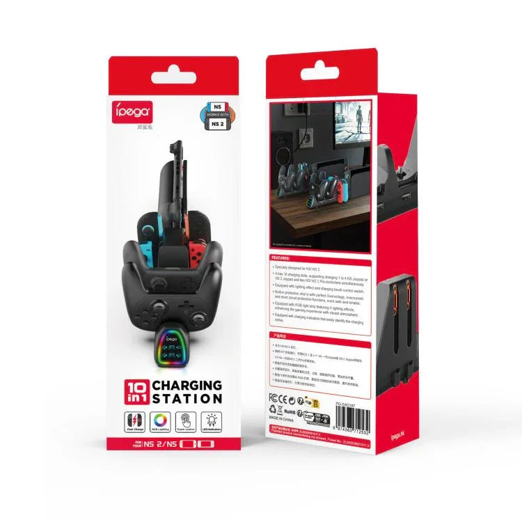 ipega 10合1充電座，適用於Nintendo Switch 2 / Switch Joy-Con及Switch 2 Pro控制器 USB插頭版本，PG-SW2187