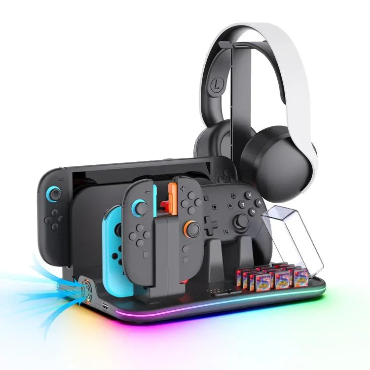 ipega 12合1多功能充電座，適用於Nintendo Switch 2／Switch Joy-Con充電、Pro控制器座、散熱風扇、遊戲與耳機收納整理器，12合1