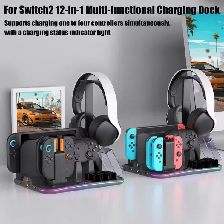 ipega 12合1多功能充電座，適用於Nintendo Switch 2／Switch Joy-Con充電、Pro控制器座、散熱風扇、遊戲與耳機收納整理器，12合1