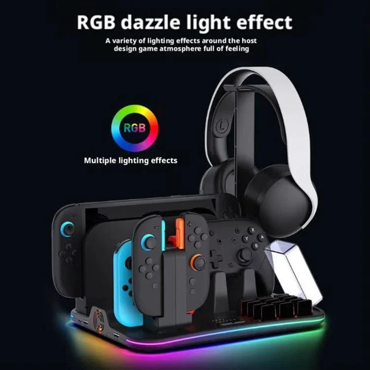 ipega 12合1多功能充電座，適用於Nintendo Switch 2／Switch Joy-Con充電、Pro控制器座、散熱風扇、遊戲與耳機收納整理器，12合1