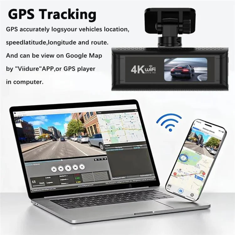 4K 智慧手機連接 WiFi 高清雙錄行車記錄儀，前+內，前+內+GPS軌跡，前+後，前+後+GPS軌跡