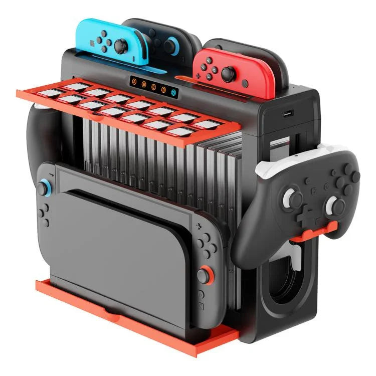 ipega 6合1多功能充電座與收納架，適用於Nintendo Switch 2／Switch Joy-Con，附14卡槽遊戲卡盒與16格遊戲收納盒，6合1