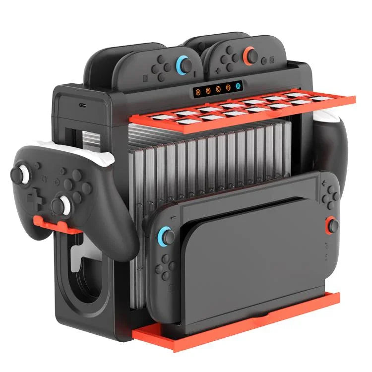 ipega 6合1多功能充電座與收納架，適用於Nintendo Switch 2／Switch Joy-Con，附14卡槽遊戲卡盒與16格遊戲收納盒，6合1