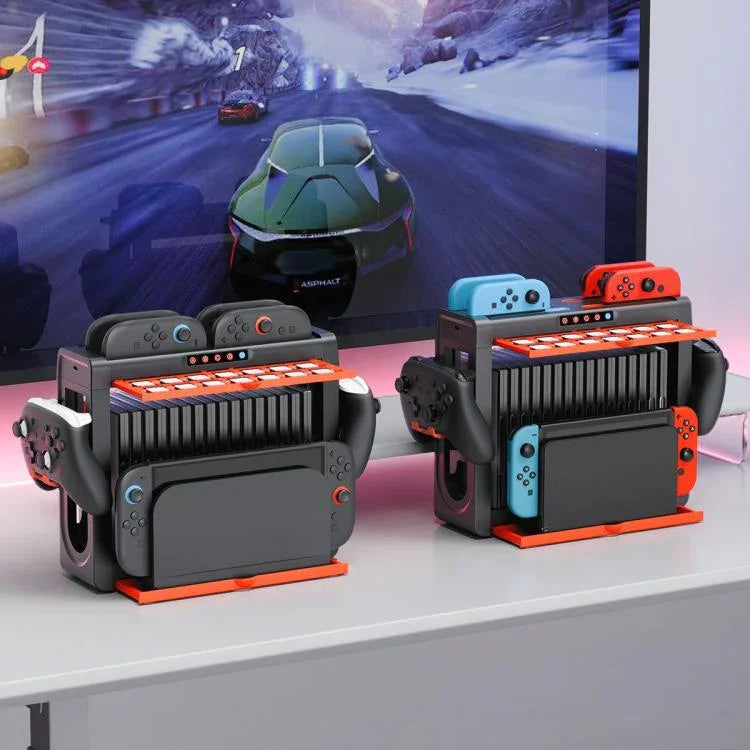 ipega 6合1多功能充電座與收納架，適用於Nintendo Switch 2／Switch Joy-Con，附14卡槽遊戲卡盒與16格遊戲收納盒，6合1