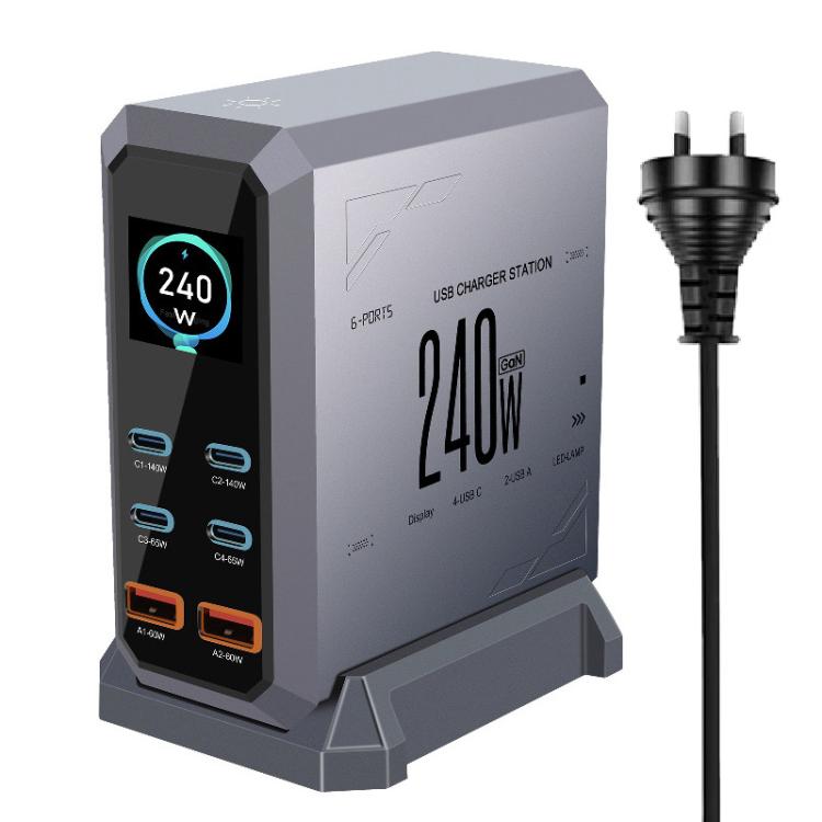 4 個 Type-C + 2 個 USB 多埠 240W 動態顯示氮化鎵充電器，澳規插頭、美規插頭、歐規插頭、英規插頭