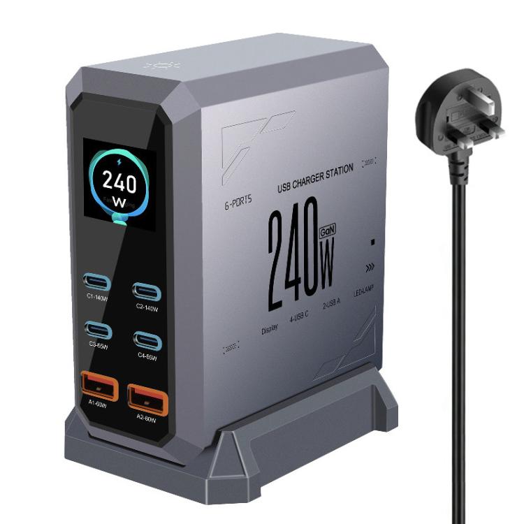 4 個 Type-C + 2 個 USB 多埠 240W 動態顯示氮化鎵充電器，澳規插頭、美規插頭、歐規插頭、英規插頭