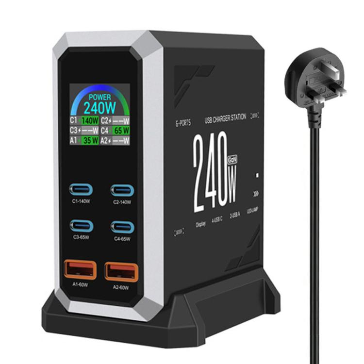 4 個 Type-C + 2 個 USB 多埠 240W 動態顯示氮化鎵充電器，澳規插頭、美規插頭、歐規插頭、英規插頭