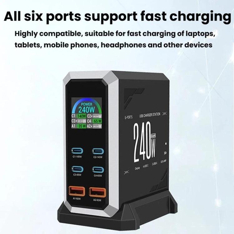 4 個 Type-C + 2 個 USB 多埠 240W 動態顯示氮化鎵充電器，澳規插頭、美規插頭、歐規插頭、英規插頭