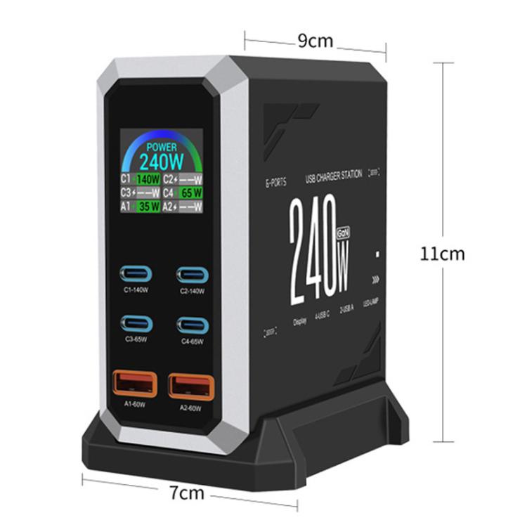 4 個 Type-C + 2 個 USB 多埠 240W 動態顯示氮化鎵充電器，澳規插頭、美規插頭、歐規插頭、英規插頭