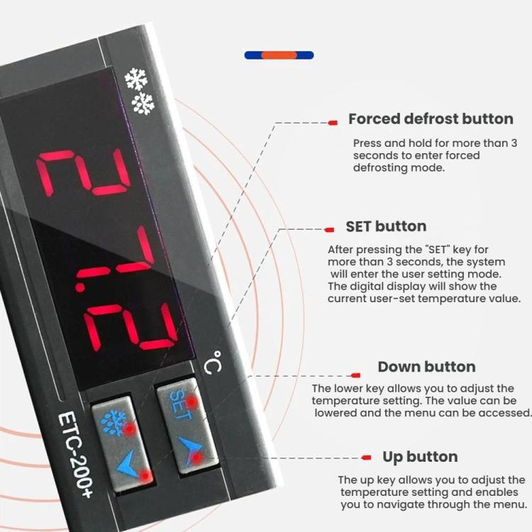 ETC-200+ 數字溫度控制器，具製冷、加熱、除霜延遲及報警功能，220V 英文版，110V 英文版