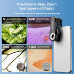 APEXEL TriScope 40X-80X-120X 手機顯微鏡，配備雙溫度 LED 與紫外線照明，APL-MS3L