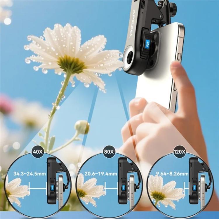 APEXEL TriScope 40X-80X-120X 手機顯微鏡，配備雙溫度 LED 與紫外線照明，APL-MS3L