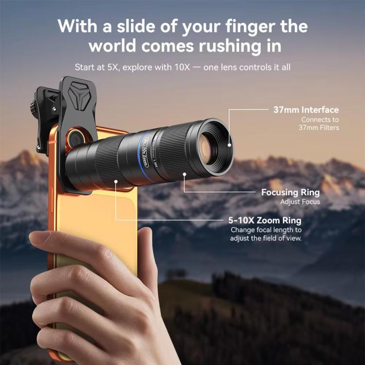 APEXEL TeleZoom 5–10X 變焦長焦鏡頭套件，適用於智慧型手機，配備多合一通用夾，APL-T5-10X
