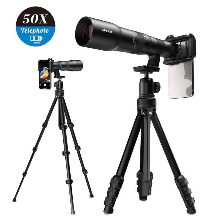 APEXEL TeleCular 50x 長焦鏡頭套件，適用於智慧型手機，配備 360 度球形雲台三腳架與內部對焦，APL-T50X