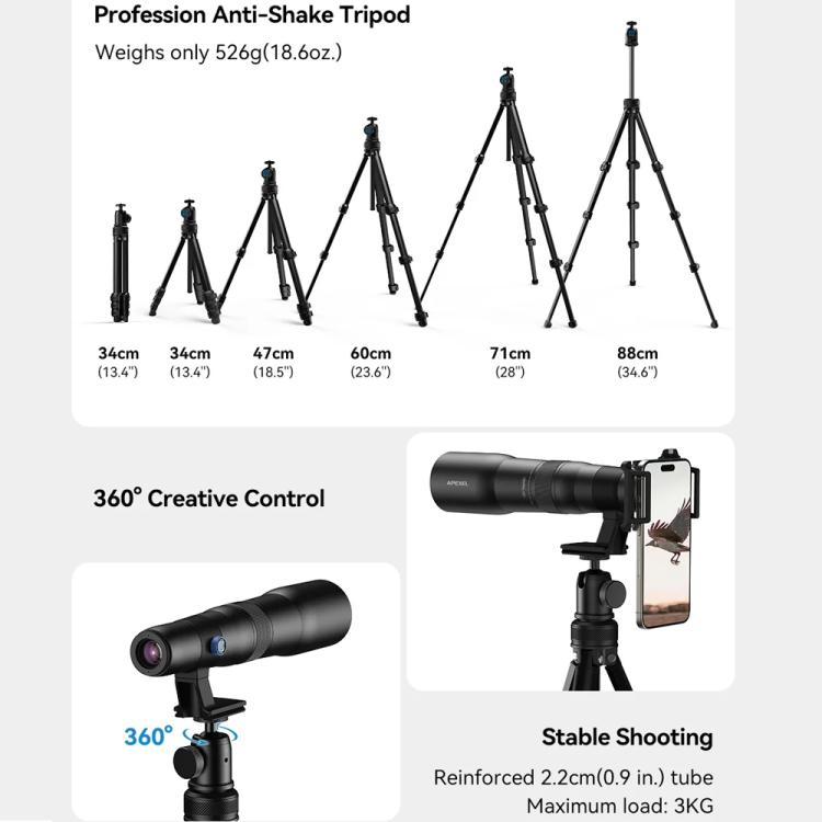 APEXEL TeleCular 50x 長焦鏡頭套件，適用於智慧型手機，配備 360 度球形雲台三腳架與內部對焦，APL-T50X