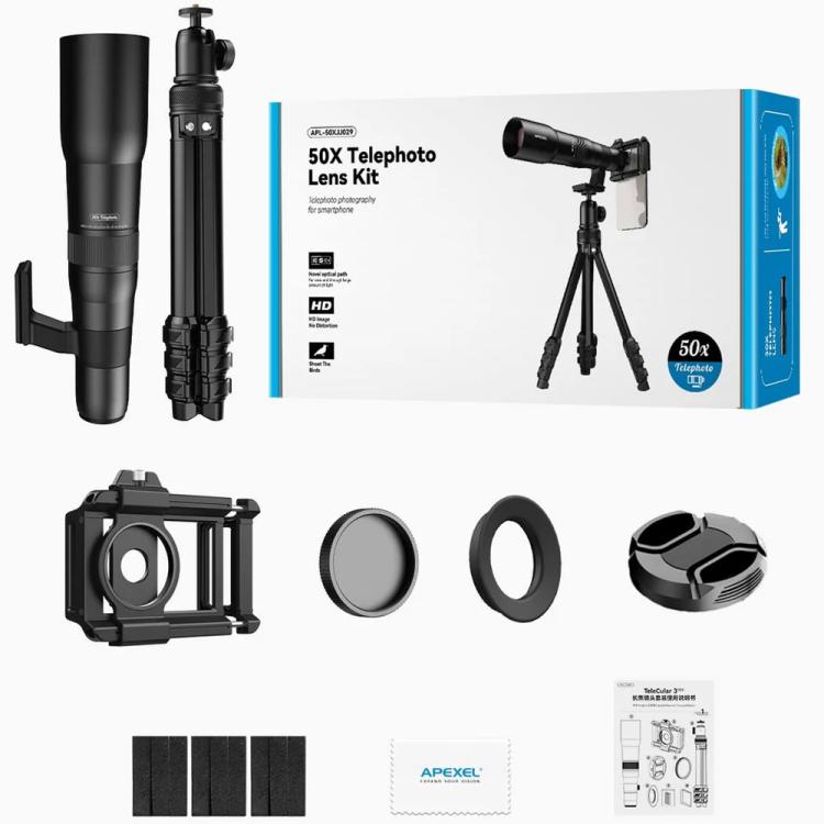 APEXEL TeleCular 50x 長焦鏡頭套件，適用於智慧型手機，配備 360 度球形雲台三腳架與內部對焦，APL-T50X