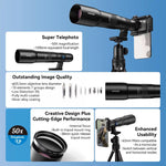 APEXEL TeleCular 50x 長焦鏡頭套件，適用於智慧型手機，配備 360 度球形雲台三腳架與內部對焦，APL-T50X