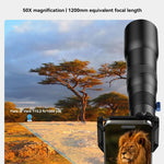 APEXEL TeleCular 50x 長焦鏡頭套件，適用於智慧型手機，配備 360 度球形雲台三腳架與內部對焦，APL-T50X