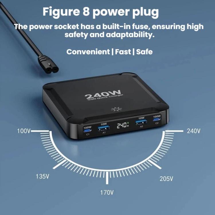 240W 智能快充充電器，帶磁吸 USB 可伸縮線及多埠收納，EU 插頭、US 插頭、UK 插頭、AU 插頭、KR 插頭
