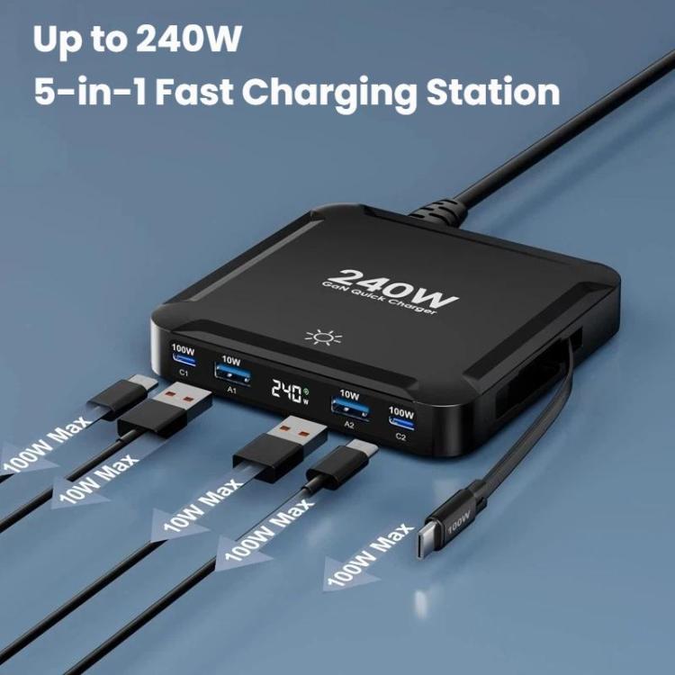 240W 智能快充充電器，帶磁吸 USB 可伸縮線及多埠收納，EU 插頭、US 插頭、UK 插頭、AU 插頭、KR 插頭