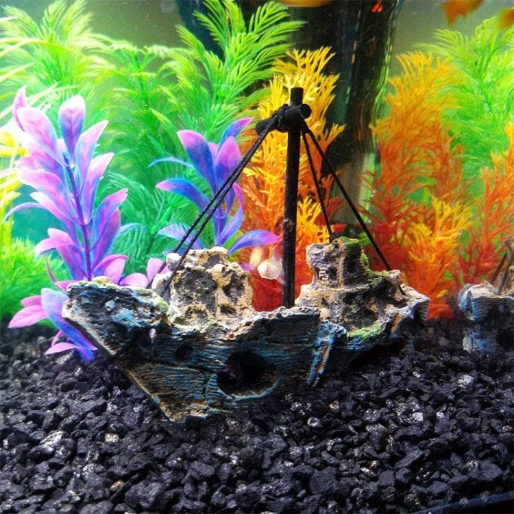海盜船腐爛小網船魚缸景觀玻璃缸場景，海盜船