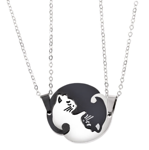 Couples Jewelry Necklaces Titanium Steel Animal Cat Pendants Necklace, White and Black Cat with Metal Chain, White and Black Cat with Leather Cord