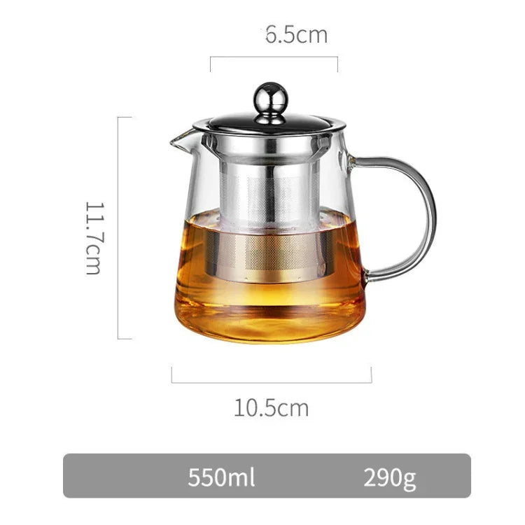 大容量耐熱玻璃茶壺茶具配不鏽鋼過濾器，功夫茶用，450ML、550ML、750ML、950ML