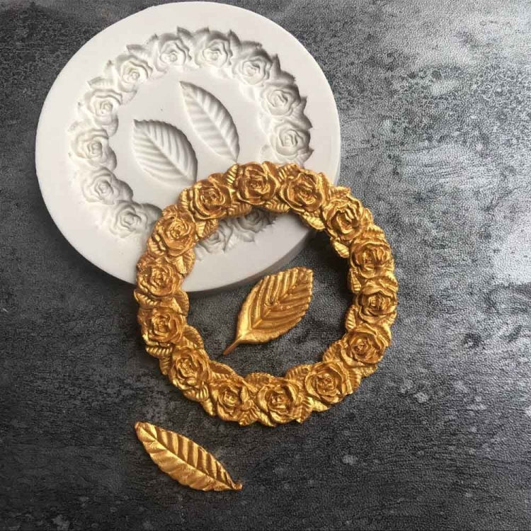 2件套玫瑰花環玫瑰葉矽膠翻糖模具蛋糕邊緣裝飾工具烘焙膠模