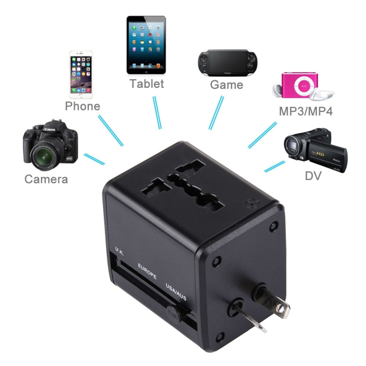 全球通用旅行隱藏式插頭轉接器，內建雙 USB 充電埠，適用美國、英國、澳洲、歐盟