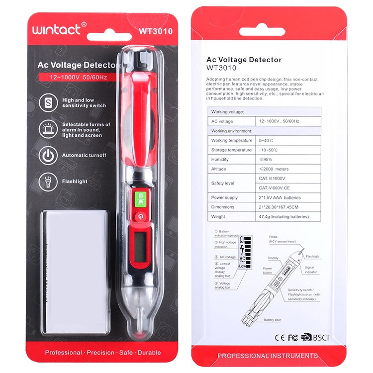 WINTACT WT3010 LED交流電壓測試筆非接觸式檢測器 12-1000V交流電壓檢測器，WINTACT WT3010