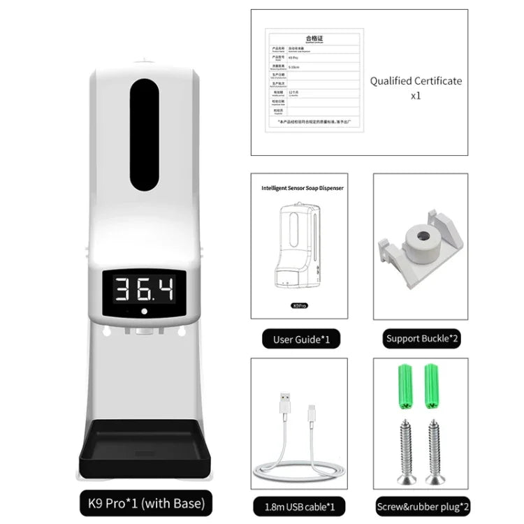 K9 Pro 免持非接觸人體光敏距離感應溫度計 + 1000ml 自動非接觸液體皂分配器帶底座安裝，K9 Pro