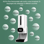 K9 Pro Plus免接觸體溫計 + 1000ml自動免接觸液體皂液器含底座安裝，15語言語音播報，K9 Pro Plus