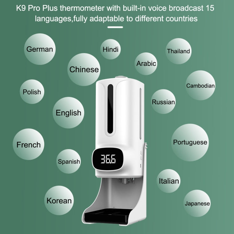 K9 Pro Plus免接觸體溫計 + 1000ml自動免接觸液體皂液器含底座安裝，15語言語音播報，K9 Pro Plus