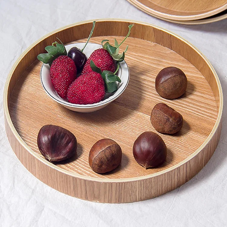 創意圓形實木茶盤酒店木製茶盤，直徑：37.5cm，木色，直徑：37.5cm