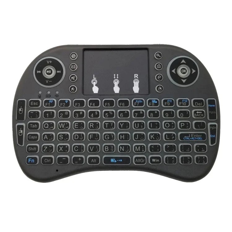 支援語言：阿拉伯語 i8 空中滑鼠無線背光鍵盤，含觸控板，適用 Android TV Box、智慧電視、PC 平板、Xbox360、PS3、HTPC/IPTV，阿拉伯語