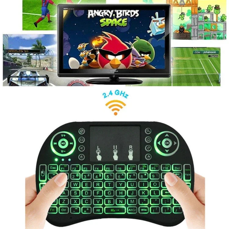 支援語言：阿拉伯語 i8 空中滑鼠無線背光鍵盤，含觸控板，適用 Android TV Box、智慧電視、PC 平板、Xbox360、PS3、HTPC/IPTV，阿拉伯語