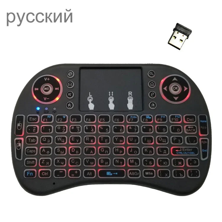 支援語言：俄語 i8 空中滑鼠無線背光鍵盤，含觸控板，適用 Android TV Box、智慧電視、PC 平板、Xbox360、PS3、HTPC/IPTV，俄語