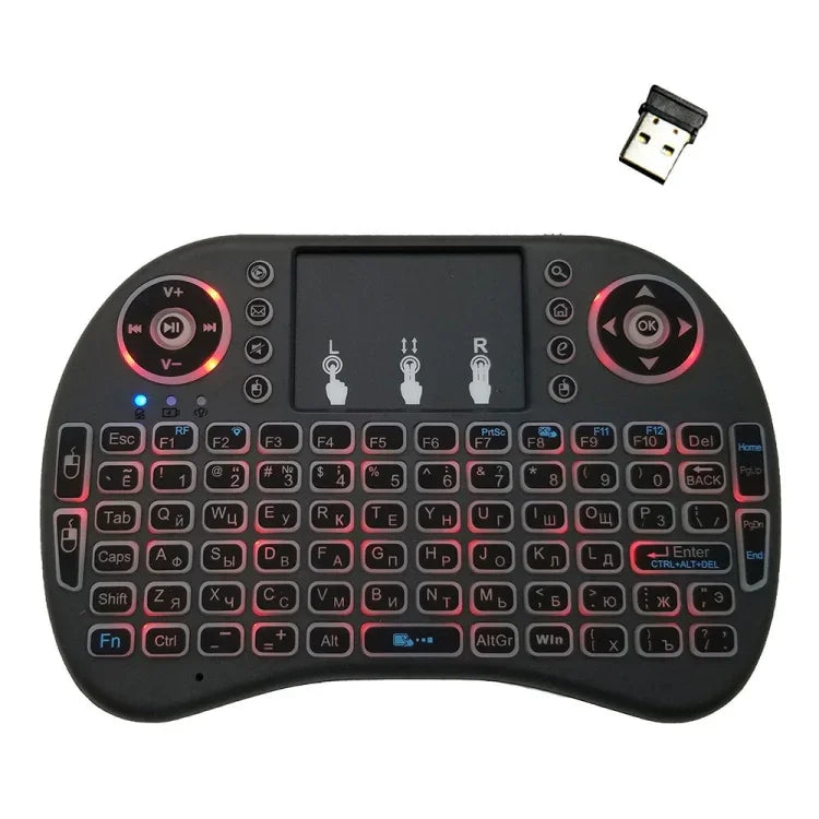 支援語言：俄語 i8 空中滑鼠無線背光鍵盤，含觸控板，適用 Android TV Box、智慧電視、PC 平板、Xbox360、PS3、HTPC/IPTV，俄語