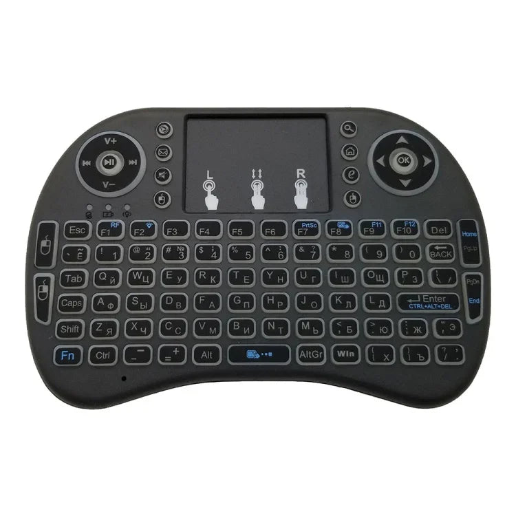 支援語言：俄語 i8 空中滑鼠無線背光鍵盤，含觸控板，適用 Android TV Box、智慧電視、PC 平板、Xbox360、PS3、HTPC/IPTV，俄語