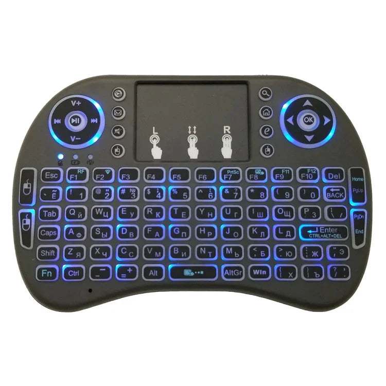 支援語言：俄語 i8 空中滑鼠無線背光鍵盤，含觸控板，適用 Android TV Box、智慧電視、PC 平板、Xbox360、PS3、HTPC/IPTV，俄語