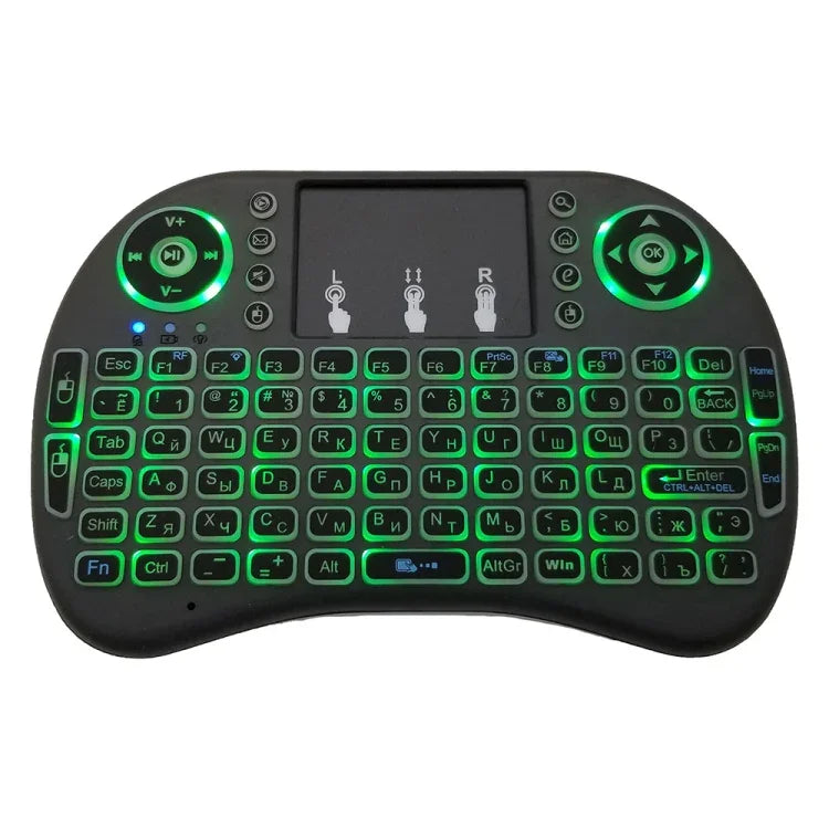 支援語言：俄語 i8 空中滑鼠無線背光鍵盤，含觸控板，適用 Android TV Box、智慧電視、PC 平板、Xbox360、PS3、HTPC/IPTV，俄語