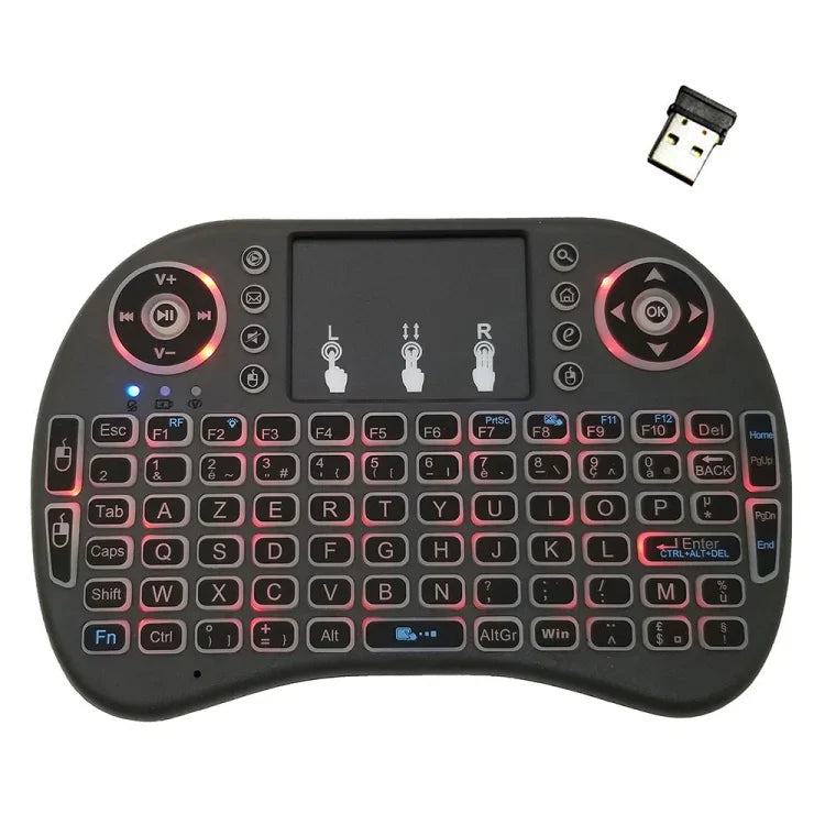 支援語言：法語 i8 空中滑鼠無線背光鍵盤，含觸控板，適用 Android TV Box、智慧電視、PC 平板、Xbox360、PS3、HTPC/IPTV，法語