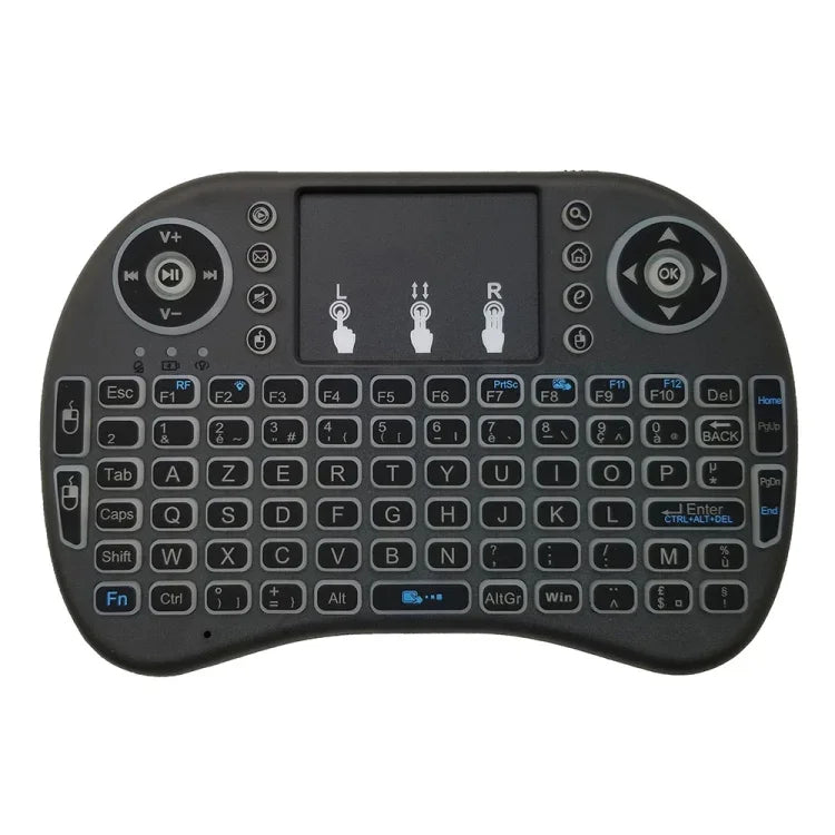 支援語言：法語 i8 空中滑鼠無線背光鍵盤，含觸控板，適用 Android TV Box、智慧電視、PC 平板、Xbox360、PS3、HTPC/IPTV，法語