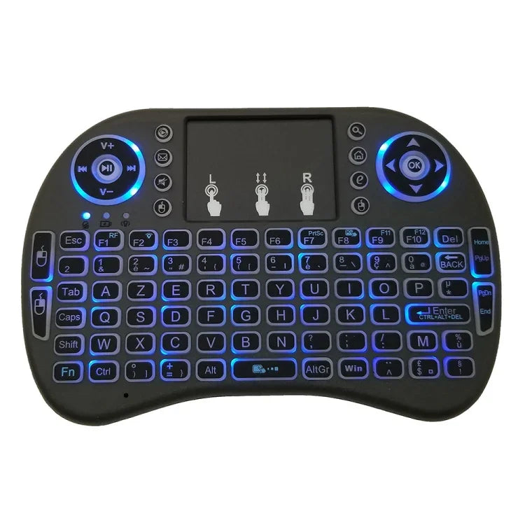 支援語言：法語 i8 空中滑鼠無線背光鍵盤，含觸控板，適用 Android TV Box、智慧電視、PC 平板、Xbox360、PS3、HTPC/IPTV，法語