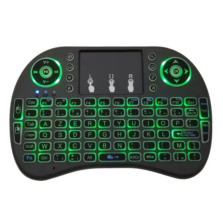 支援語言：法語 i8 空中滑鼠無線背光鍵盤，含觸控板，適用 Android TV Box、智慧電視、PC 平板、Xbox360、PS3、HTPC/IPTV，法語